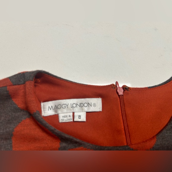 Maggy London Sleeveless Polka Dot Orange and Gray Midi Dress - Picture 10 of 14